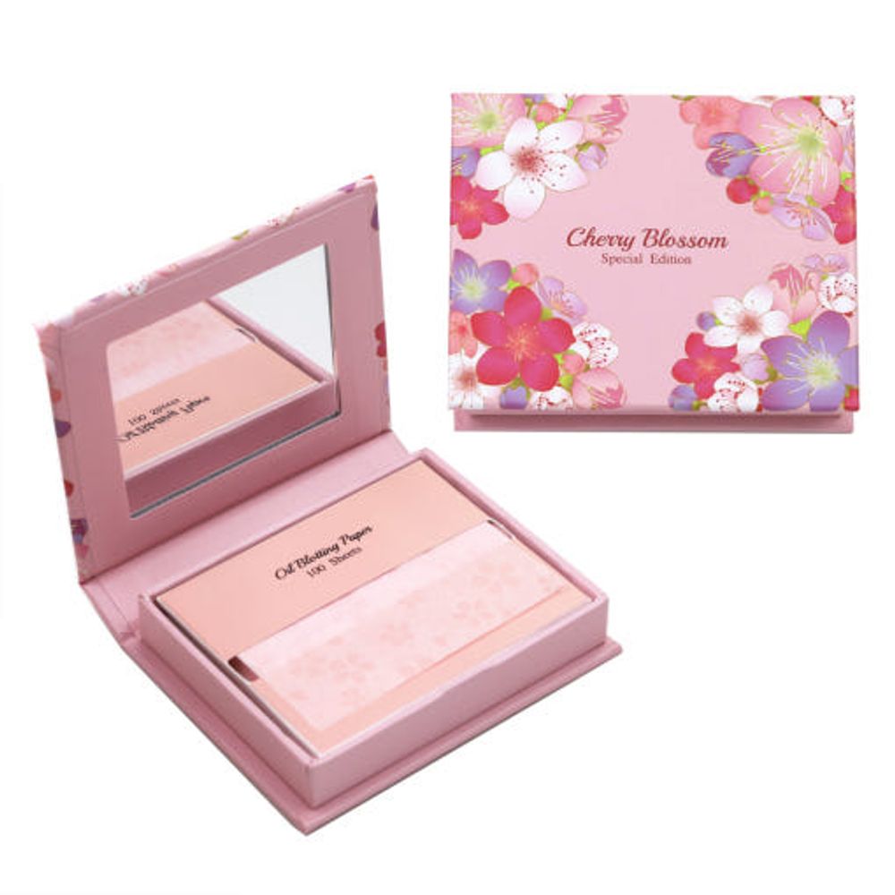 [VARUZA] Natural Oil Absorption Control Paper Cherry Blossom(Mirror Case + Refill) 400EA – Gentle on Sensitive Skin, Absorbs Sebum, Soft Finish, Easy-to-Use Tissue Type - Made in KOREA